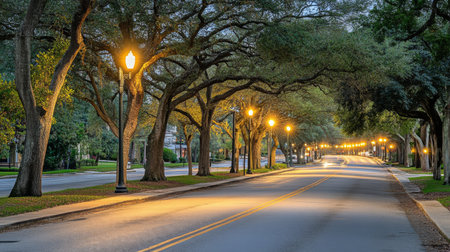 A serene street lined with beautiful trees and glowing lamps creates a tranquil evening atmosphere. The empty road invites peaceful contemplation and relaxation.の素材