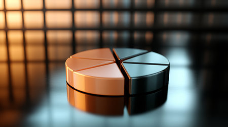 This modern 3D pie chart features a reflective surface and gradient lighting, ideal for financial reports and data visualization in creative projects.の素材