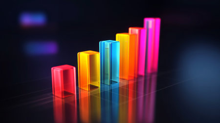 This striking 3D bar chart features vibrant neon colors, showcasing data trends and insights. Perfect for presentations, reports, and analytical visuals.の素材