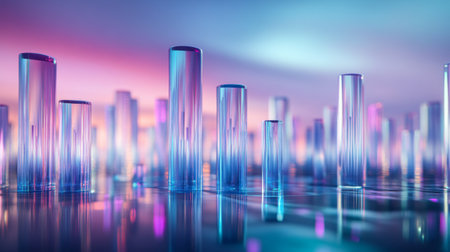 A stunning abstract representation featuring ethereal glass cylinders reflecting vibrant gradients, creating a serene and modern atmosphere. Ideal for artistic designs.の素材