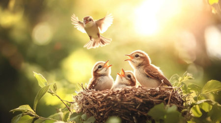A heartwarming scene of young birds in a nest, chirping under warm sunlight surrounded by lush greenery, capturing the beauty of nature and new life.の素材