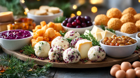 A beautifully arranged festive cheese platter featuring various cheeses, fruits, and snacks, perfect for holiday gatherings and celebrations.の素材
