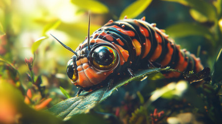 A close-up view of a colorful caterpillar resting on a lush green leaf, surrounded by vibrant foliage, showcasing the beauty of nature and intricate details in insect life.の素材
