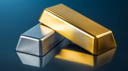 A captivating image of a gold and silver bar resting on a reflective surface, showcasing the luxury and wealth associated with precious metals against a soft blue backdrop.の素材
