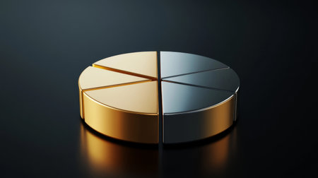 A visually striking gold and silver pie chart displayed on a dark surface, ideal for financial analysis and business presentations, representing data distribution and investment metrics.の素材