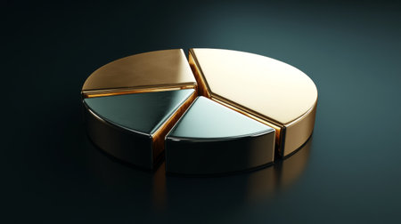 Metallic pie chart model in gold and silver tones on a dark background. Ideal for business presentations, data visualization, and financial reports.の素材