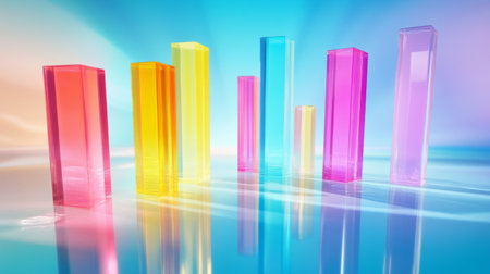 A collection of colorful transparent geometric shapes sits elegantly on a reflective surface, radiating vibrant hues and modern aesthetics for a creative backdrop.の素材