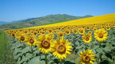 A breathtaking view of a vibrant sunflower field, stretching towards rolling hills under a clear blue sky, showcasing the beauty of nature in summer.の素材