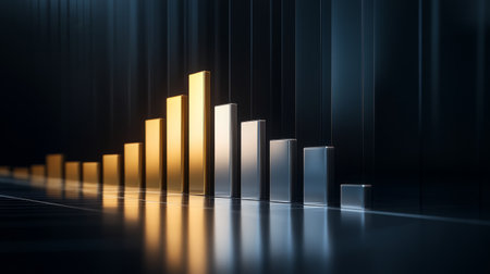 A visually striking representation of a bar graph showing growth in a modern financial context. The sleek design highlights business success and data analysis.の素材