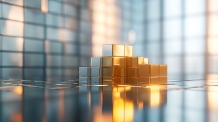 A captivating arrangement of gold and silver cubes illuminated by soft light, creating a modern and luxurious atmosphere. Ideal for finance and design themes.の素材