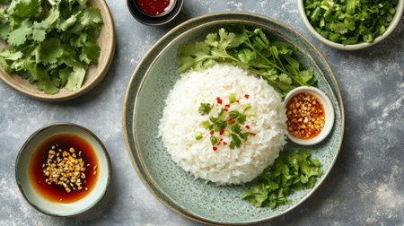 Beautifully arranged cooked rice topped with fresh herbs and accompanied by vibrant condiments, perfect for a flavorful meal prep or culinary presentation.の素材