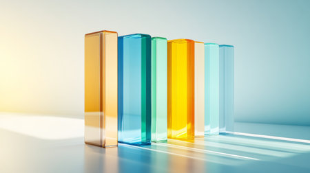 A vibrant display of colorful geometric blocks casting striking shadows on a smooth surface. The interplay of light and color creates an artistic visual experience.の素材