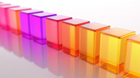 A striking arrangement of colorful transparent cubes creates a vibrant gradient effect on a clean white surface, showcasing modern design principles and aesthetic beauty.の素材