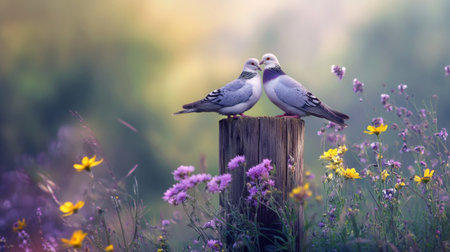 Two doves embrace in a stunning floral landscape, surrounded by colorful wildflowers. This scene captures the essence of love and tranquility in nature.の素材
