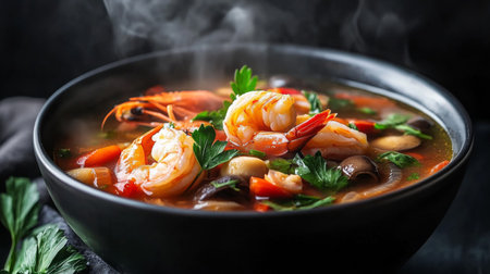 A vibrant bowl of fresh shrimp soup showcasing colorful vegetables, herbs, and aromatic steam. Perfect for showcasing comfort and culinary creativity in a kitchen setting.の素材