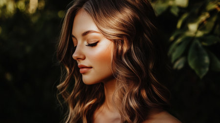 A stunning portrait of a woman with long wavy hair illuminated by soft sunlight, showcasing natural beauty against a serene backdrop of green leaves.の素材