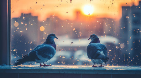 Two birds perch on a window sill, gazing out at a stunning sunset. The scene captures vibrant colors, reflective droplets, and a serene atmosphere.の素材