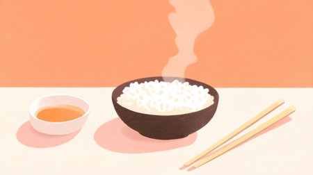 A steaming bowl of rice sits elegantly on a table alongside a small dish of sauce and chopsticks. This warm and inviting scene showcases comfort food in a minimalist setting.の素材