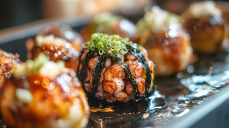 A tantalizing plate of Takoyaki balls, filled with tender octopus and drizzled with savory sauce, garnished with fresh green onions for a delightful taste experience.の素材