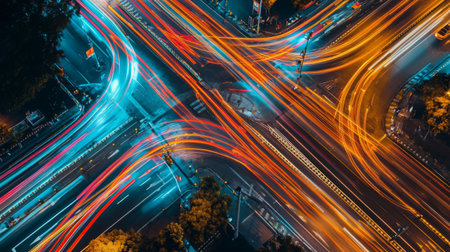 Captivating aerial view of a busy city intersection at night showcasing dynamic traffic flow with vibrant light trails and urban architecture.の素材