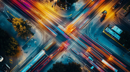An aerial view showcasing a busy city intersection at night. Light trails from moving vehicles create a vibrant showcase of urban energy and activity.の素材