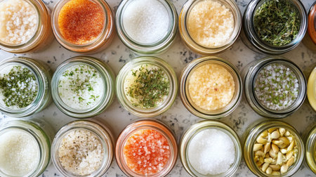 A vibrant assortment of herbs and spices neatly arranged in glass jars. This image showcases a wide variety of ingredients perfect for enhancing culinary creations.の素材