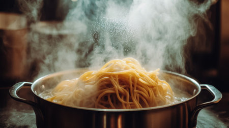 A captivating image of steam rising from boiling pasta in a silver pot, showcasing the art of cooking and the delicious possibilities of Italian cuisine.の素材