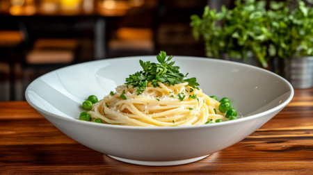Beautifully presented pasta dish showcases fresh herbs and green peas, perfect for any dining occasion. A delightful addition to your culinary repertoire.の素材