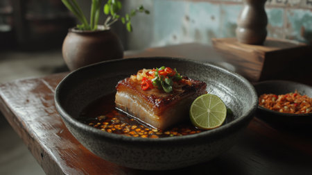 A beautifully presented crispy pork belly served in a savory sauce, garnished with fresh chili and lime, perfect for food enthusiasts seeking flavor.の素材