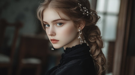 Captivating portrait of an elegant woman with a romantic hairstyle, delicate accessories, and expressive features set against a soft indoor backdrop.の素材