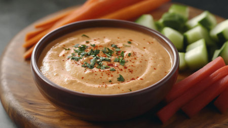 Vibrant vegetable platter featuring creamy hummus dip garnished with herbs. Fresh carrots and cucumber add color and nutrition to this healthy snack.の素材
