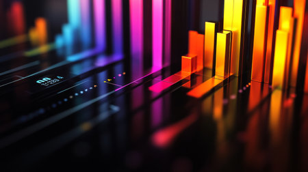 This vibrant abstract image showcases a colorful data visualization with bright bars and patterns, ideal for presentations, technology, and analytics themes.の素材