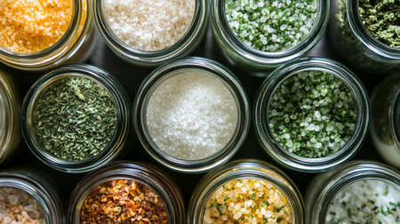 A vibrant collection of various spices and herbs in clear glass jars, showcasing colors and textures that enhance any kitchen ambiance. Perfect for culinary enthusiasts.の素材