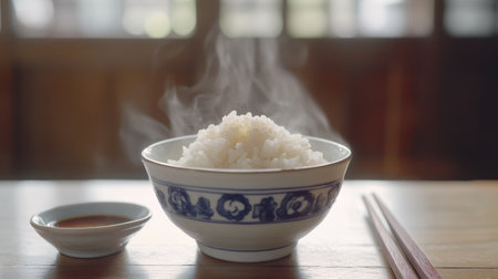 A steaming bowl of fluffy white rice served with soy sauce and chopsticks, creating an inviting scene on a wooden dining table, perfect for meal inspiration.の素材
