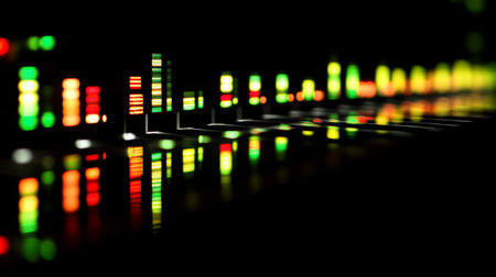 Vibrant and colorful sound waves on an audio mixer display capture the essence of music technology in a low light setting, creating an artistic view.の素材