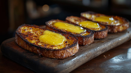 Indulge in this crispy toast topped with sunny-side up eggs, served on a rustic wooden board. Perfect for breakfast or brunch, this dish is inviting and delicious.の素材