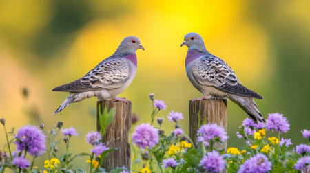 Two charming birds perched on wooden posts, surrounded by blooming flowers, in a serene setting. The vibrant colors and soft focus create a peaceful atmosphere.の素材