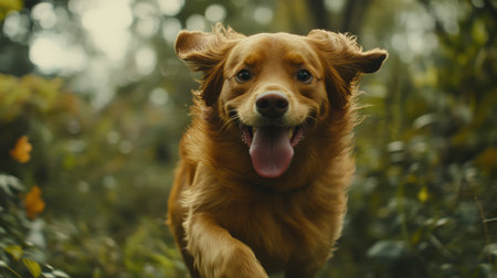 A cheerful golden retriever joyfully runs through a vibrant green forest, capturing the essence of outdoor adventure and the bond between pets and nature.の素材