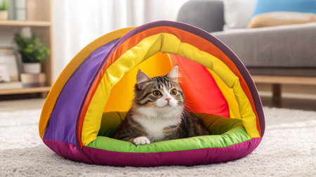 A charming cat enjoys its time inside a colorful pet tent, offering a perfect blend of comfort and playfulness. This cozy spot is ideal for relaxation.の素材