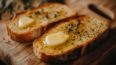 Close-up of toasted bread slices topped with butter and fresh herbs. Perfect for breakfast or snack, this image captures warmth and simplicity in home-cooked cuisine.の素材
