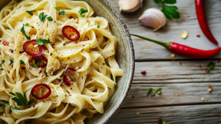 A vibrant bowl of creamy fettuccine pasta topped with sliced chili peppers and fresh herbs. Perfect for gourmet recipes and flavorful meals.の素材