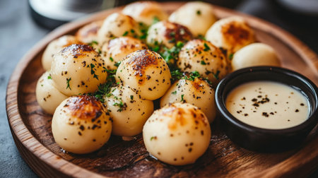 A tempting close-up of grilled potato balls garnished with herbs, served on a wooden plate alongside a creamy dipping sauce. Perfect for appetizers or snacks.の素材