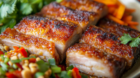 This image showcases a beautifully plated crispy pork belly dish paired with fresh vegetables. Perfect for food enthusiasts and culinary presentations.の素材
