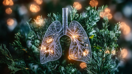 This artistic representation features detailed lungs intertwined with natural elements, symbolizing the connection between health and nature through vibrant visuals.の素材