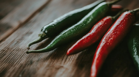 A visually appealing arrangement of fresh red and green chili peppers resting on a rustic wooden surface, showcasing their vibrant colors and natural sheen, perfect for culinary and food photography.の素材
