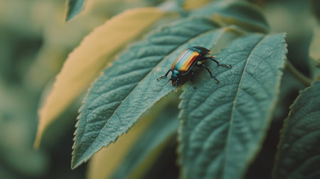 A vibrant beetle perched gracefully on a lush green leaf, showcasing intricate patterns and colors. This close-up captures the essence of nature's beauty and diversity.の素材