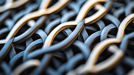 This close-up image features an intricate textured pattern of interwoven black and gold strands. The fluid lines create an elegant and modern design, perfect for artistic projects.の素材