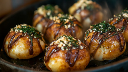 A close-up view of deliciously grilled takoyaki balls topped with savory sauces, bonito flakes, and herbs. Perfect for food lovers and culinary enthusiasts.の素材