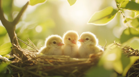 Three adorable chicks huddle closely in a nest surrounded by vibrant green leaves, basking in soft sunlight, evoking a sense of innocence and warmth in nature.の素材