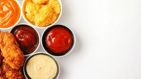 A vibrant arrangement of assorted dipping sauces alongside crispy fried chicken, perfect for enhancing flavors. Ideal for meal, snack, or appetizer ideas.の素材